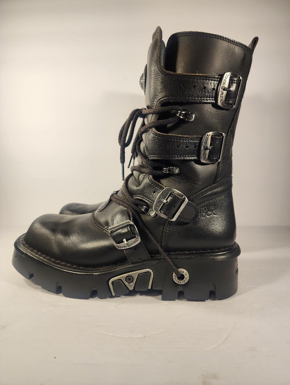 New Rock Boots High Cyber Gothic Punk Black Leather Metallic Buckles Spain EU 44